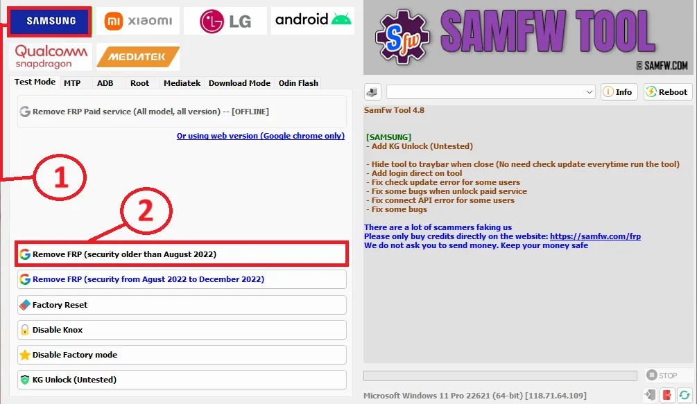 Screenshot of SamFw Tool interface with annotations for steps 1 and 2 of FRP bypass