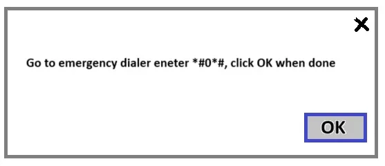 Screenshot of SamFw Tool prompt instructing to enter *#0*# in emergency dialer